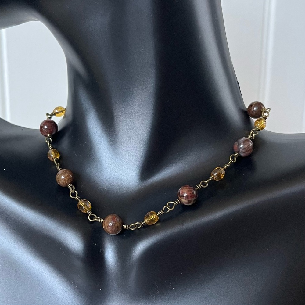 Brown stone, amber beads and brass bracelet